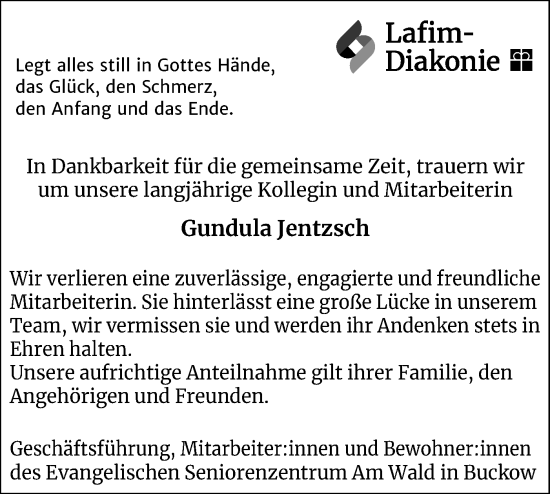 Traueranzeige von Gundula Jentzsch von Märkische Oderzeitung