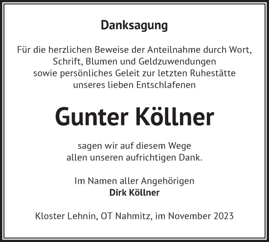 Traueranzeige von Gunter Köllner von Märkische Oderzeitung