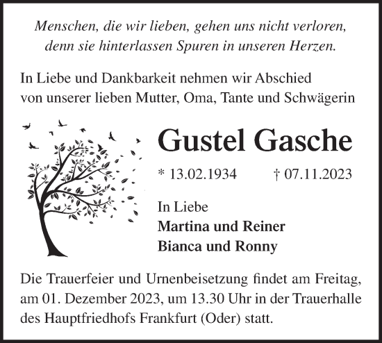 Traueranzeige von Gustel Gasche von Märkische Oderzeitung