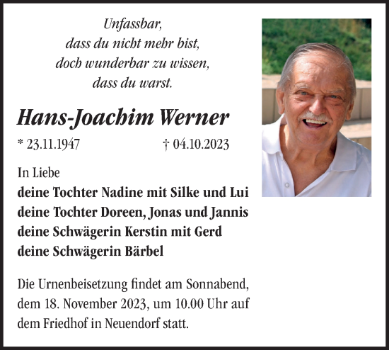 Traueranzeige von Hans-Joachim Werner von Märkische Oderzeitung