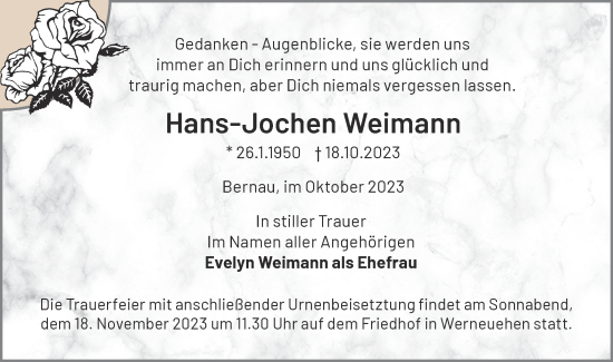 Traueranzeige von Hans-Jochen Weimann von Märkische Oderzeitung