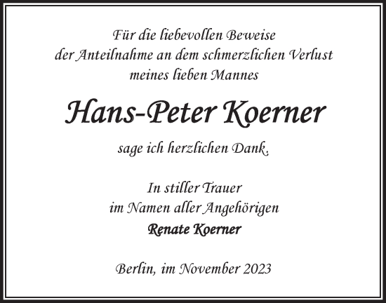 Traueranzeige von Hans-Peter Koerner von Märkische Oderzeitung