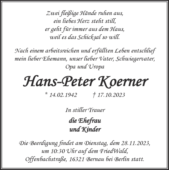 Traueranzeige von Hans-Peter Koerner von Märkische Oderzeitung