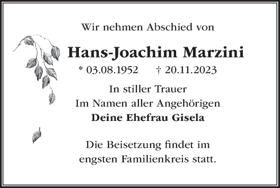 Traueranzeige von Hans Joachim Marzini von Märkische Oderzeitung