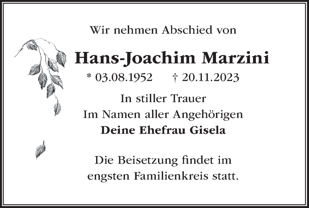  Traueranzeige für Hans Joachim Marzini vom 25.11.2023 aus Märkische Oderzeitung
