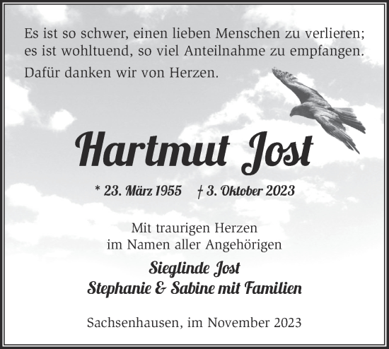 Traueranzeige von Hartmut Jost von Märkische Oderzeitung