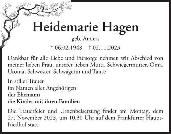 Traueranzeige von Heidemarie Hagen von Märkische Oderzeitung