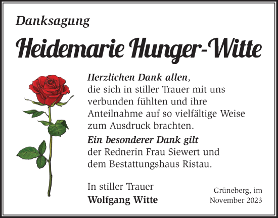 Traueranzeige von Heidemarie Hunger-Witte von Märkische Oderzeitung