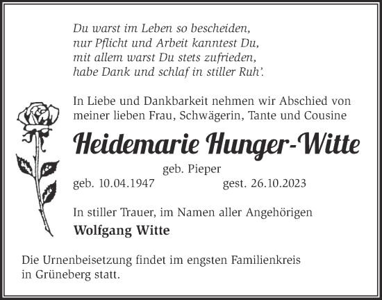 Traueranzeige von Heidemarie Hunger-Witte von Märkische Oderzeitung