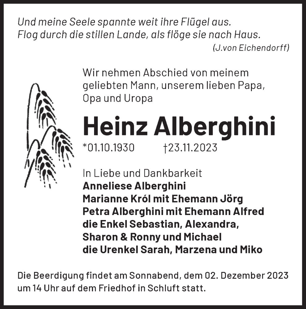  Traueranzeige für Heinz Alberghini vom 28.11.2023 aus Märkische Oderzeitung