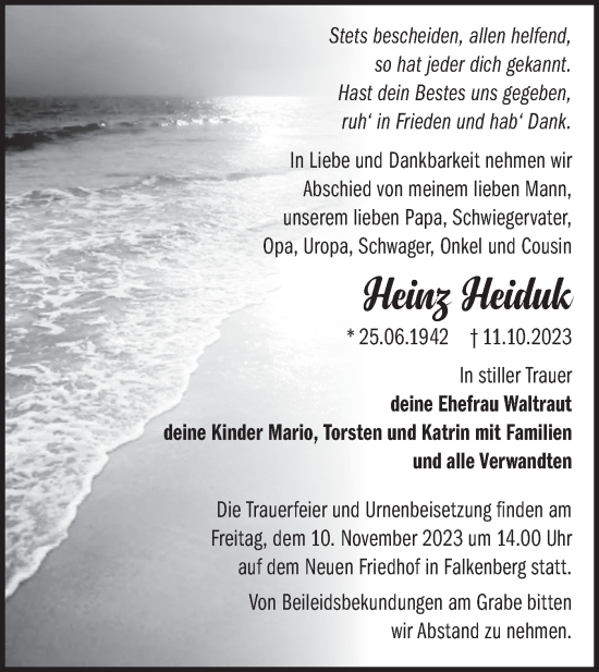 Traueranzeige von Heinz Heiduk von Märkische Oderzeitung