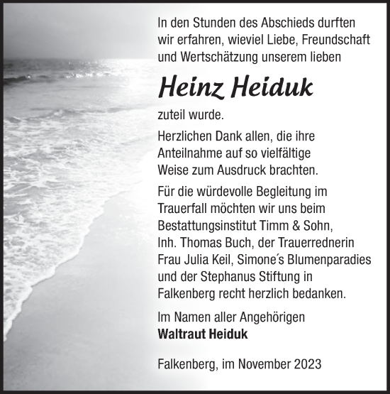 Traueranzeige von Heinz Heiduk von Märkische Oderzeitung