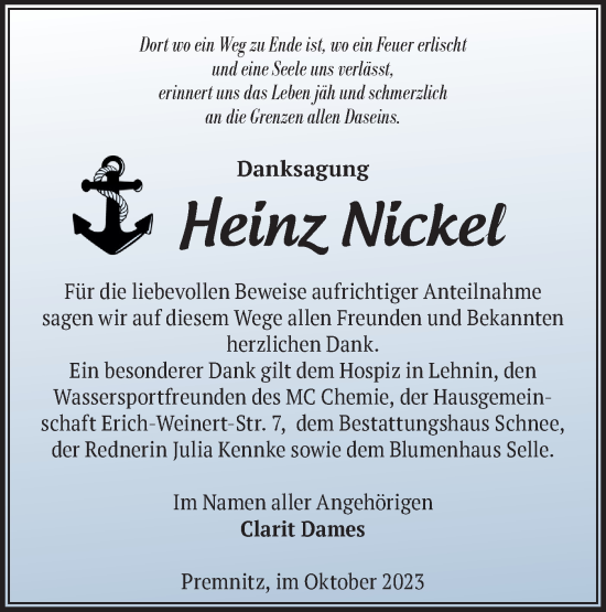 Traueranzeige von Heinz Nickel von Märkische Oderzeitung