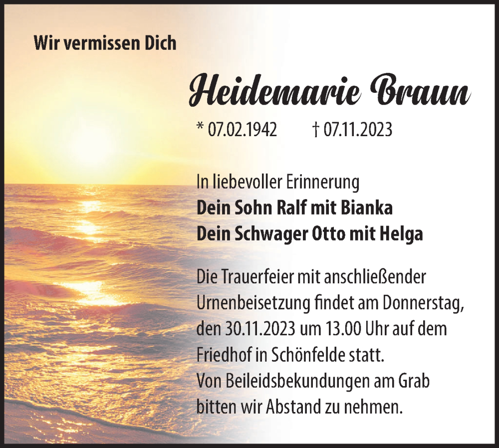  Traueranzeige für Heisemarie Braun vom 25.11.2023 aus Märkische Oderzeitung