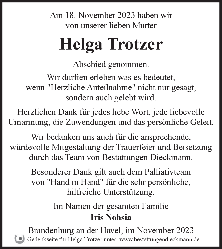  Traueranzeige für Helga Trotzer vom 25.11.2023 aus Märkische Oderzeitung