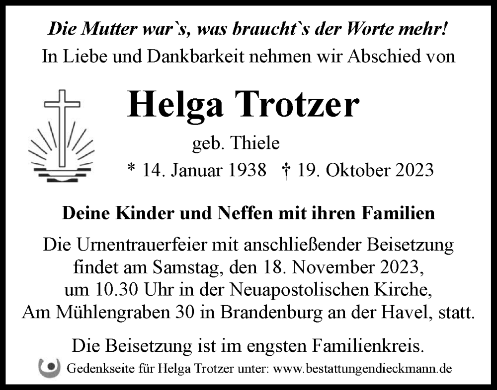  Traueranzeige für Helga Trotzer vom 04.11.2023 aus Märkische Oderzeitung