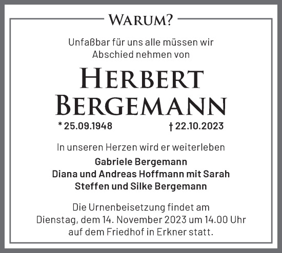 Traueranzeige von Herbert Bergemann von Märkische Oderzeitung