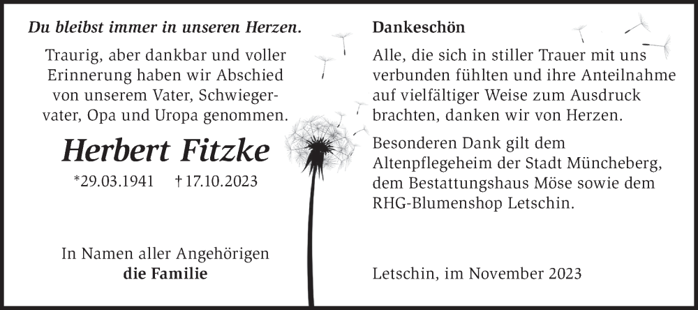  Traueranzeige für Herbert Fitzke vom 25.11.2023 aus Märkische Oderzeitung