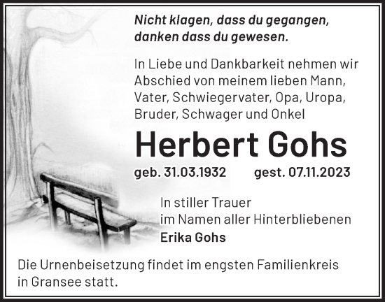 Traueranzeige von Herbert Gohs von Märkische Oderzeitung