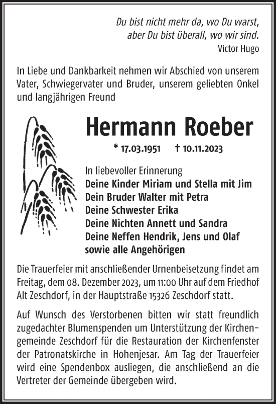Traueranzeige von Hermann Roeber von Märkische Oderzeitung