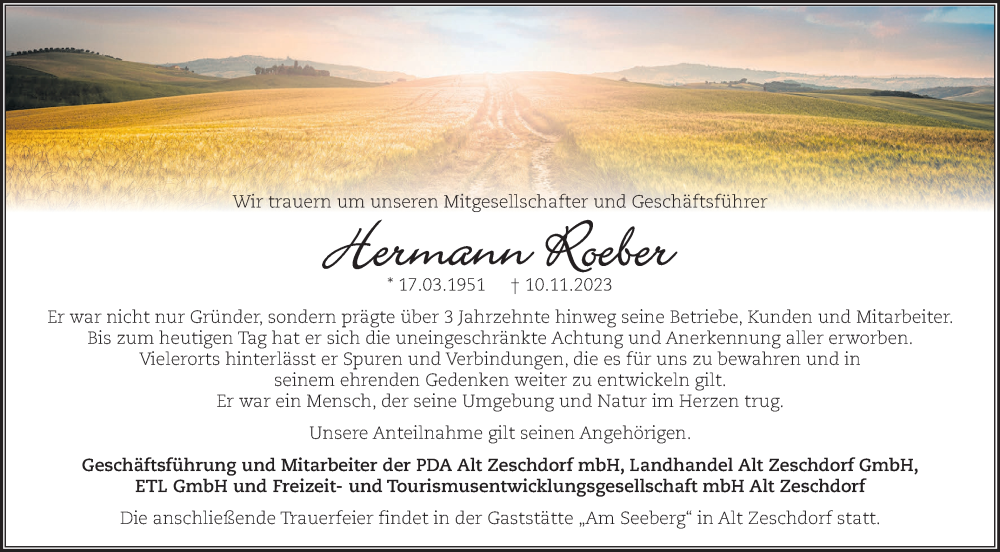  Traueranzeige für Hermann Roeber vom 25.11.2023 aus Märkische Oderzeitung