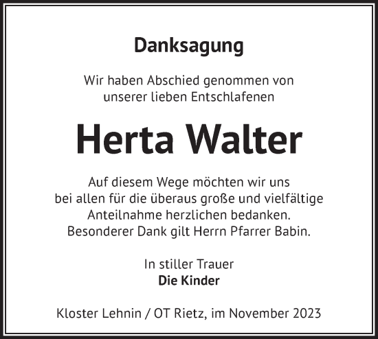 Traueranzeige von Herta Walter von Märkische Oderzeitung