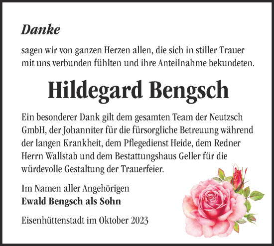 Traueranzeige von Hildegard Bengsch von Märkische Oderzeitung