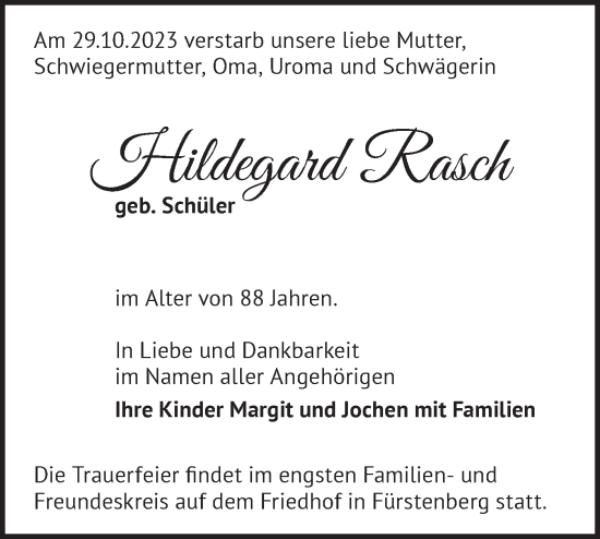 Traueranzeige von Hildegard Rasch von Märkische Oderzeitung