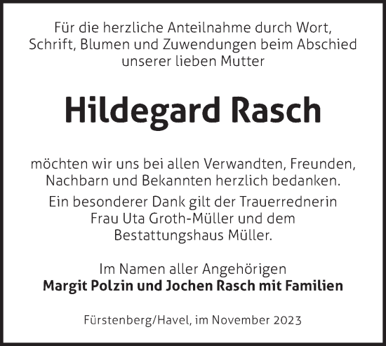 Traueranzeige von Hildegard Rasch von Märkische Oderzeitung