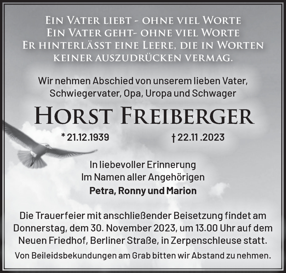 Traueranzeige für Horst Freiberger vom 25.11.2023 aus Märkische Oderzeitung