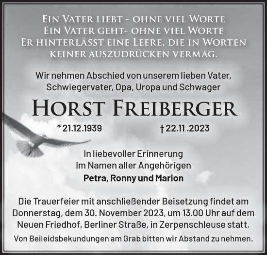 Traueranzeige von Horst Freiberger von Märkische Oderzeitung