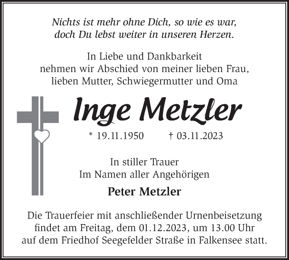  Traueranzeige für Inge Metzler vom 25.11.2023 aus Märkische Oderzeitung