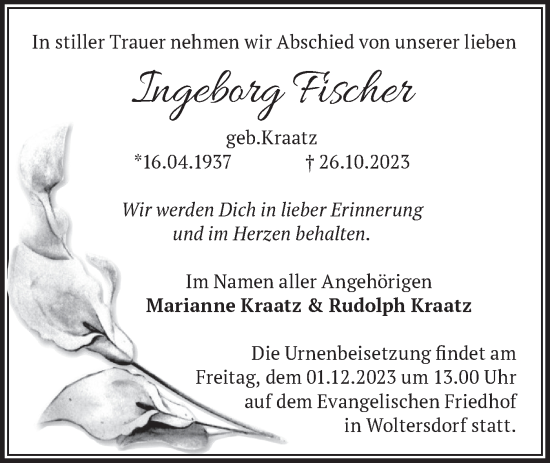 Traueranzeige von Ingeborg Fischer von Märkische Oderzeitung