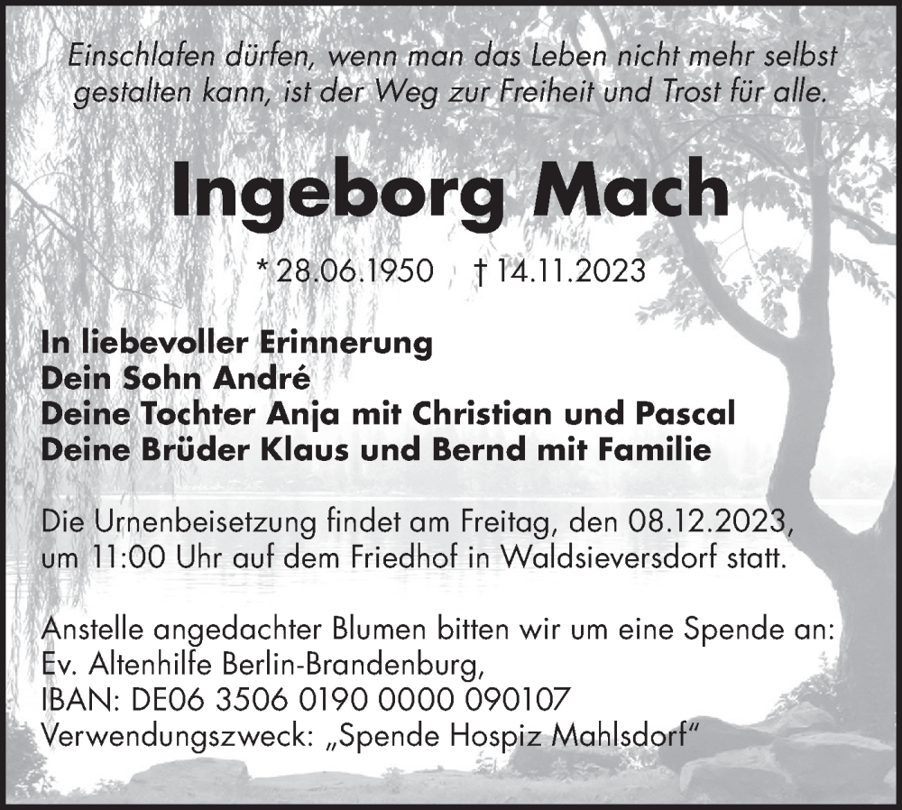  Traueranzeige für Ingeborg Mach vom 25.11.2023 aus Märkische Oderzeitung