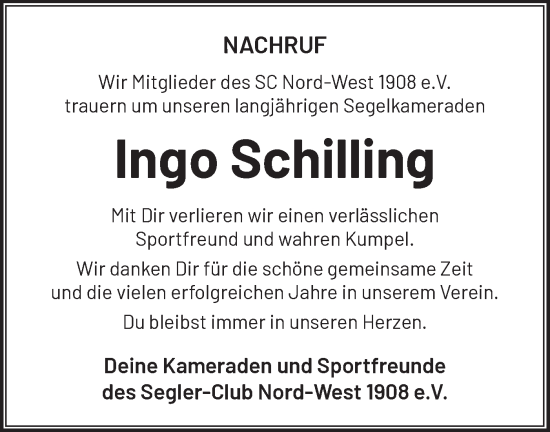 Traueranzeige von Ingo Schilling von Märkische Oderzeitung