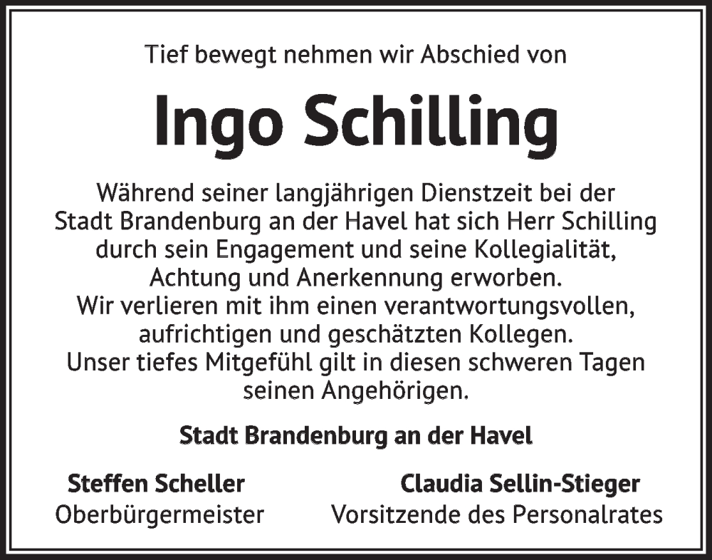  Traueranzeige für Ingo Schilling vom 25.11.2023 aus Märkische Oderzeitung