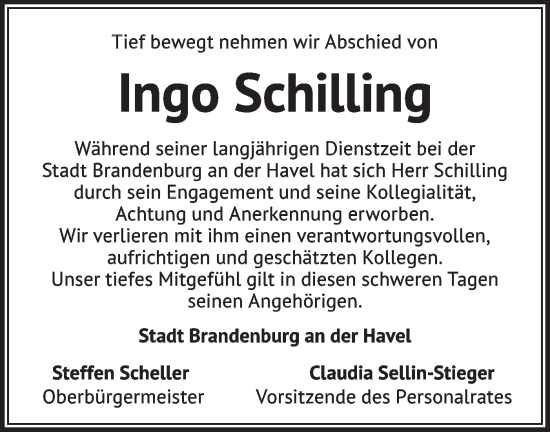 Traueranzeige von Ingo Schilling von Märkische Oderzeitung