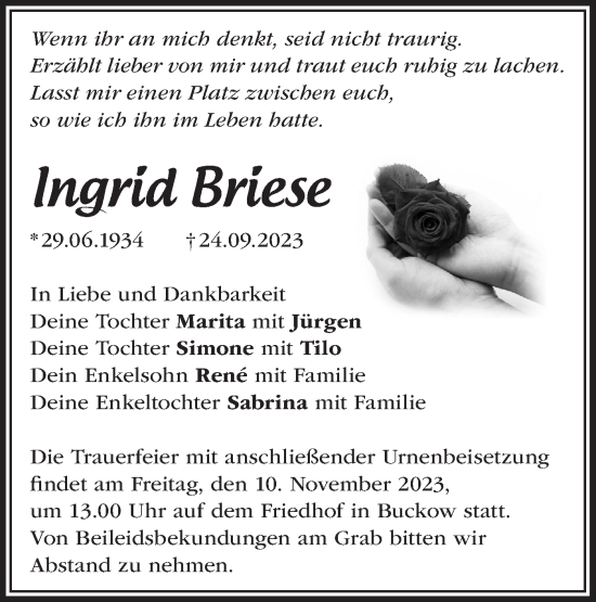 Traueranzeige von Ingrid Briese von Märkische Oderzeitung