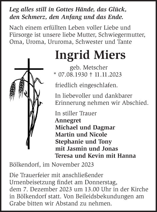Traueranzeige von Ingrid Miers von Märkische Oderzeitung