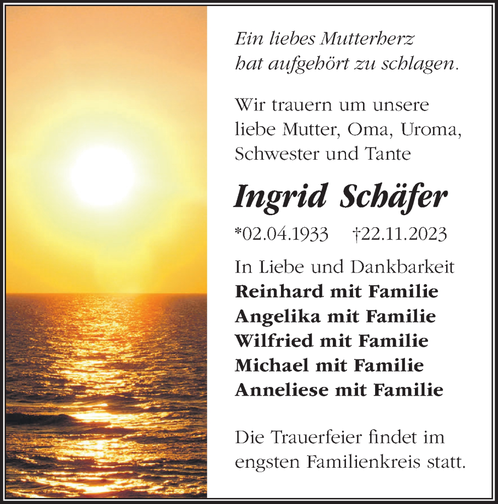  Traueranzeige für Ingrid Schäfer vom 25.11.2023 aus Märkische Oderzeitung