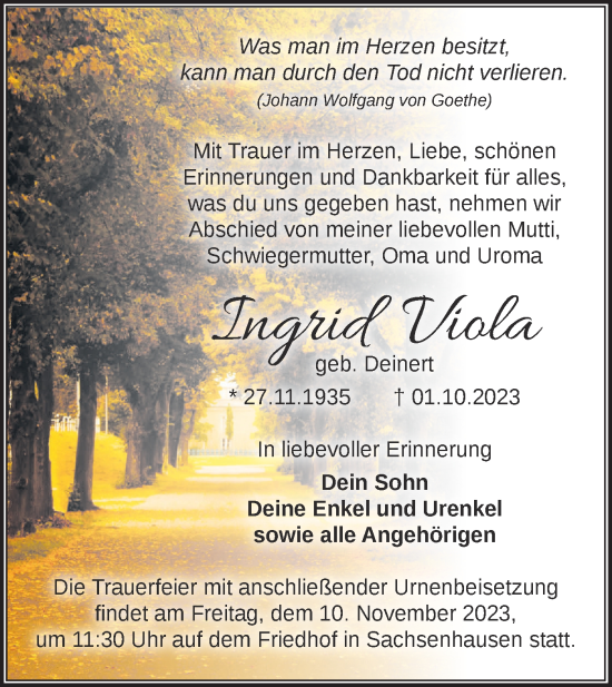 Traueranzeige von Ingrid Viola von Märkische Oderzeitung