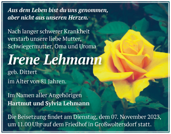 Traueranzeige von Irene Lehmann von Märkische Oderzeitung