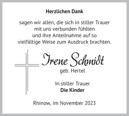 Traueranzeige von Irene Schmidt von Märkische Oderzeitung