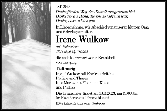 Traueranzeige von Irene Wulkow von Märkische Oderzeitung