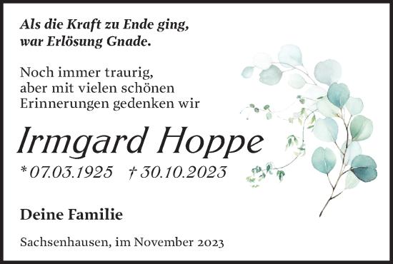 Traueranzeige von Irmgard Hoppe von Märkische Oderzeitung