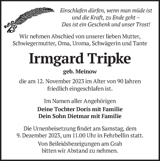 Traueranzeige von Irmgard Tripke von Märkische Oderzeitung