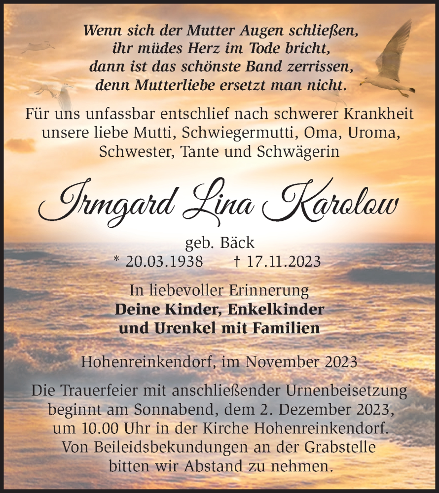  Traueranzeige für Irmgard Lina Karolow vom 25.11.2023 aus Märkische Oderzeitung