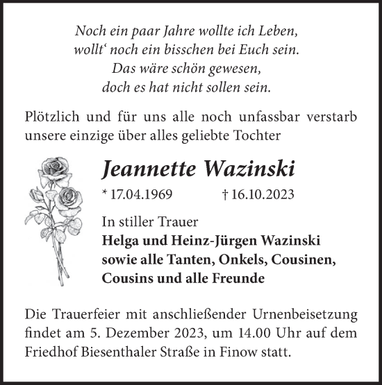 Traueranzeige von Jeannette Wazinski von Märkische Oderzeitung