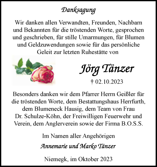 Traueranzeige von Jörg Tänzer von Märkische Oderzeitung