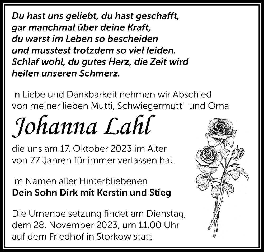  Traueranzeige für Johanna Lahl vom 25.11.2023 aus Märkische Oderzeitung